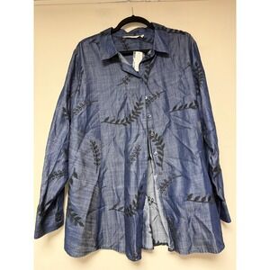 Soft Surroundings Denim Embroidered Leaf Tunic Shirt 1X Long Sleeve Button Up